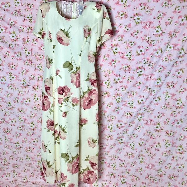 Vintage 90s y2k dress pastel yellow floral maxi | M | cottage core sundress rose pink Scarlett