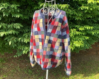 Vintage 90s sweater checkerboard check  1990s colorful red yellow blue purple Talbots wool