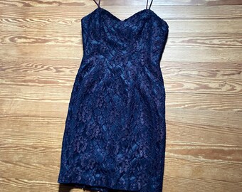 Vintage 80s 90s Ann Taylor Dress Blue Purple Lace | XS-S | Overlay Tank Mini Cocktail