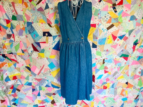 vintage 90s denim dress cottage core midi 1990s western farmcore jean | M-L | Carroll Reed jumper