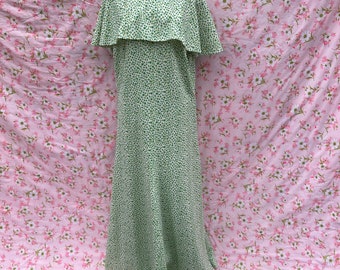 Vintage dress 70s maxi green floral | S - M | 1970s microfloral
