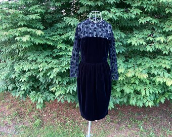 Vintage 80s dress velvet black mesh see through sleeves 1980s long sleeve Kathryn Conover botanical leaves