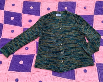 Vintage cardigan sweater soft |S-M| 90s chenile 1990s green blue striped fairy core soft Alfred Dunner