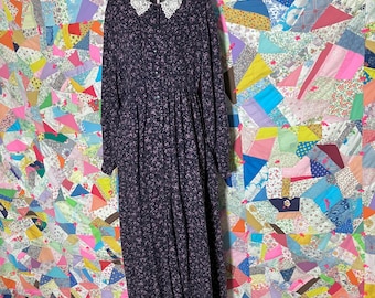 Laura Ashley 80s 90s vintage dress maxi navy blue |S-M| cottage prairie  puff floral pink purple sleeve cottage western Great Britain cotton