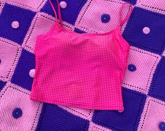 vintage tank top neon pink |S-M| 90s crop top tankini swim top crop cropped lined checkered Kathy Ireland