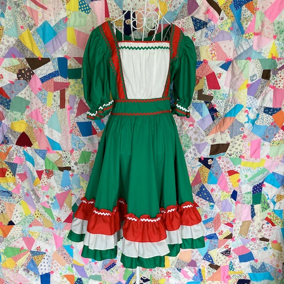 christmas 50s dress 50s WOMAN in GREEN STRIPED DRESS, HOLLY, KISS * Glitter CHRISTMAS ORNAMENT * Vtg