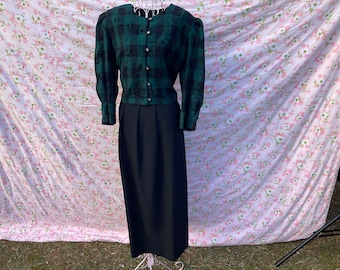 vintage 90s dress  | S-M | maxi dark cottage black green western buffalo plaid floral whimsigoth 1990s Miss Dorby