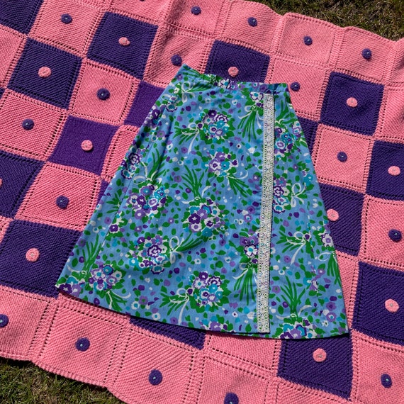 Vintage 70s skirt blue green purple floral print … - image 2