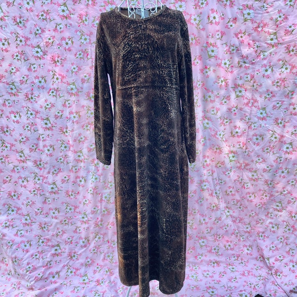 vintage animal print maxi dress 1990s novelty pattern brown tan black | M-L | velvet long sleeve Jones New York