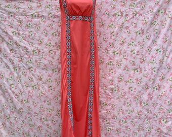 Vintage 70s nightgown slip maxi coral pink hearts | M-L | 1970s ribbon empire waist