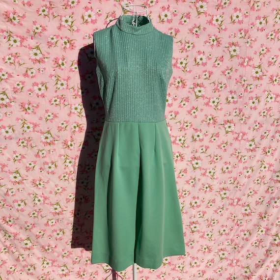 70s vintage dress mint pastel green silver S - M … - image 2