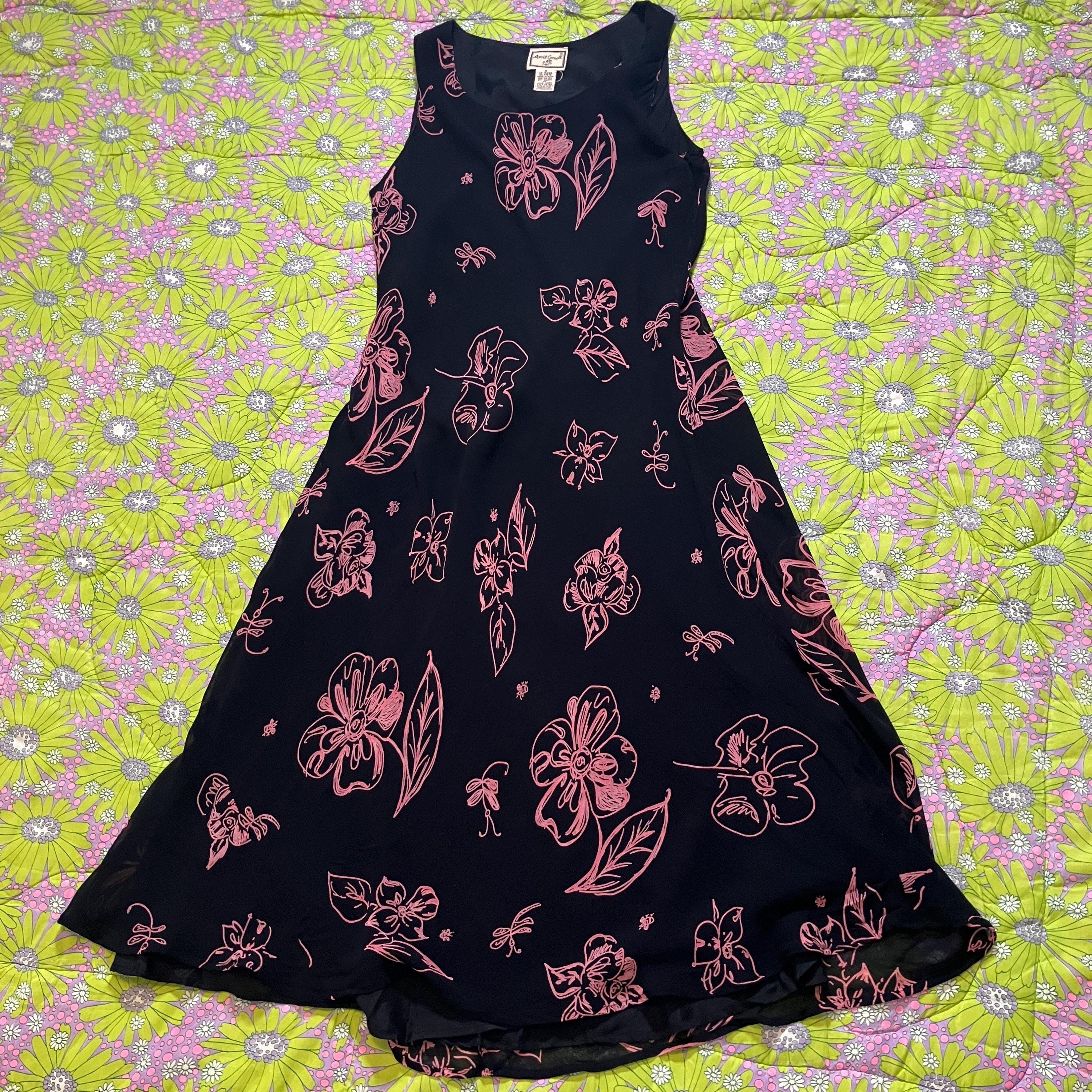 Vintage Dress 90s Y2k Maxi Floral | S-M | Black Pink Sheer