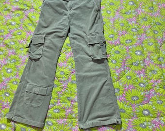 y2k flare pants sage green corduroy cargo pockets  trousers low-mid rise flares pants 2000s bootcut stretch Old Navy