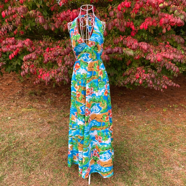 70s vintage maxi dress halter |XS-S | Hawaiian floral blue green white 1970s Hawaii Hukilau Fashions tropical palm tree beach