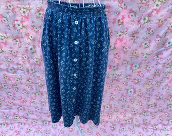 vintage skirt blue floral yellow 1990s cottage core cotton | M-L | country