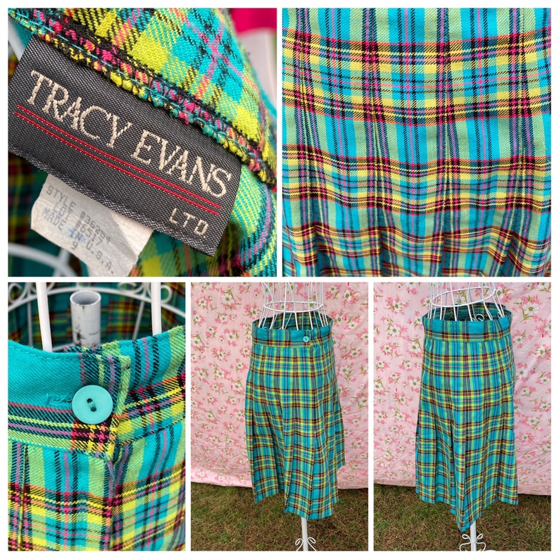80s 90s vintage skirt pleated plaid blue black yellow S M turquoise Tracy Evans image 3