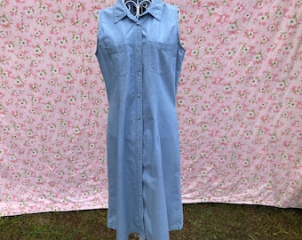 vintage 90s cottage core denim dress 1990s cotton western farmcore jean chambray |S-M| light wash