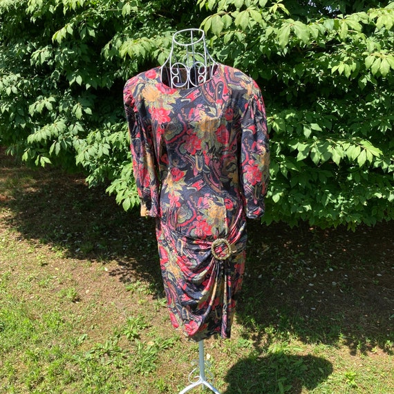 vintage 80s dress green red pink paisley floral p… - image 1