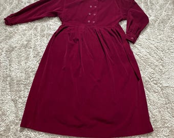 Laura Ashley vintage dress 1980s maroon red cottage prairie  corduroy collared puff sleeve long sleeve