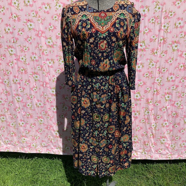 vintage dark paisley dress 90s cottage 1990s R J Stevens navy blue green red