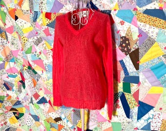 Vintage 90s y2k sweater | XS-S |  bright reddish pink mohair blend fuzzy  DKNY  deep v