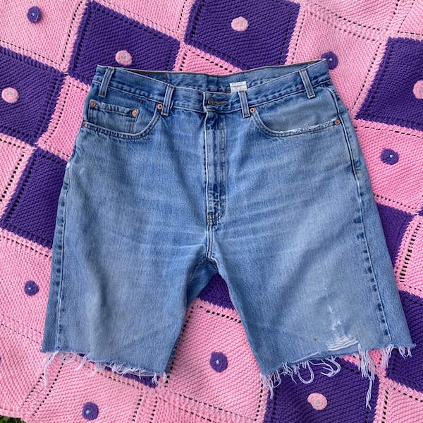 Vintage levis 36”-37” Distressed waist red tab shorts high waisted rise denim jeans 90s 1990s medium wash 505