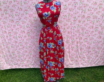 Vintage floral dress red blue 1990s | S-M | cottagecore  sundress rose Sarah Elizabeth