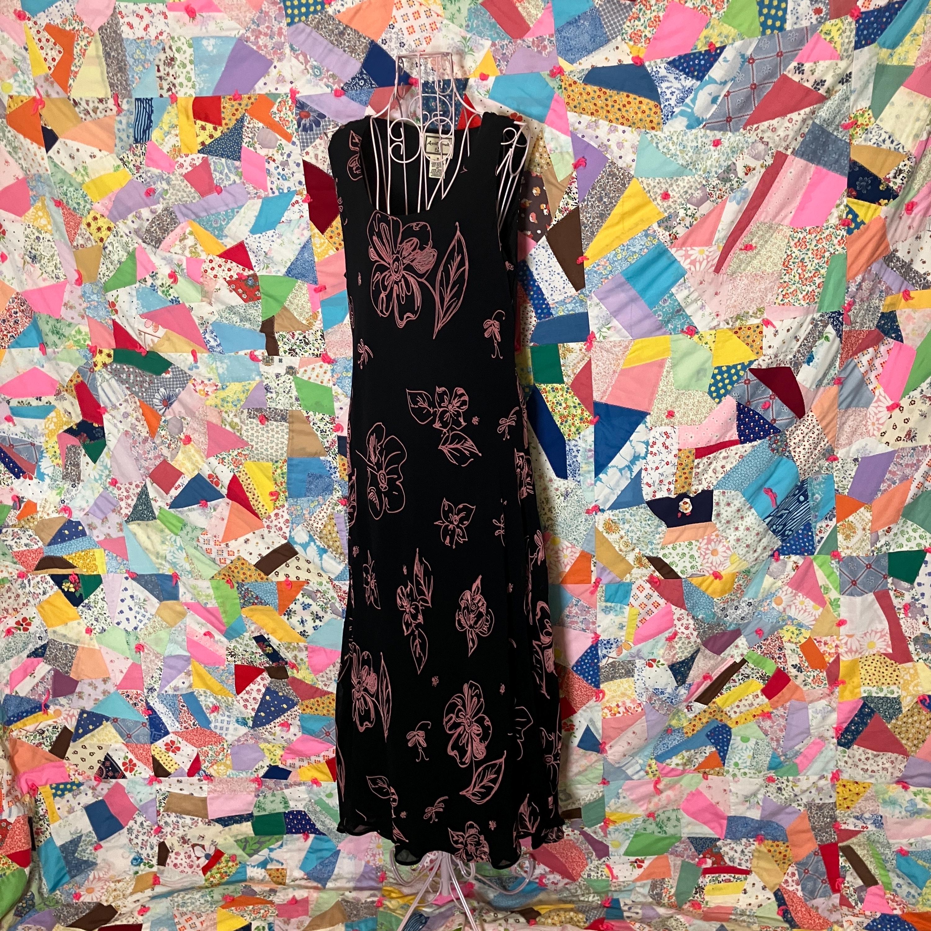 Vintage Dress 90s Y2k Maxi Floral | S-M | Black Pink Sheer
