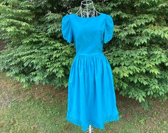 vintage 80s teal cottage core | XS-S | floral 1980s green blue circle skirt fit and flare puff sleeve western