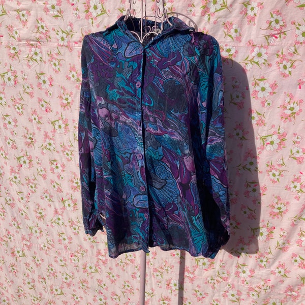 Vintage 80s blouse top | S-M  | button up black green blue purple cotton fish 1980s Era gauze sheer