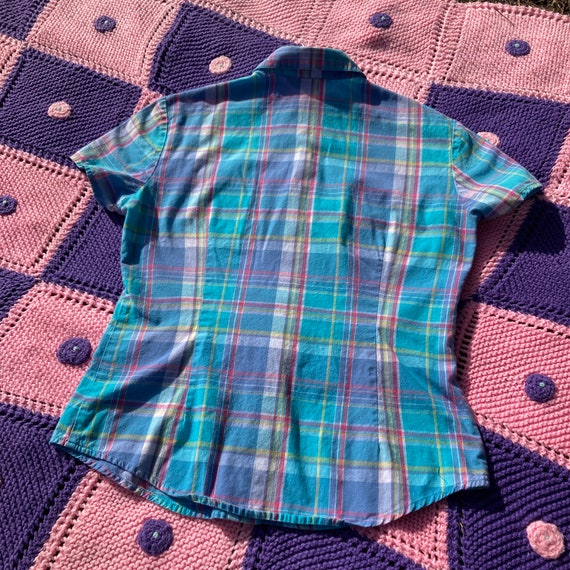 Vintage plaid shirt snap blue pink Henri Bendel c… - image 4