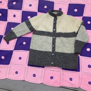 Vintage 60s 70s wool cardigan sweater off white cream grey stripe  |S-M| button up chunky knit