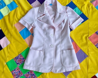 Vintage  70s  top pastel | S - M |  collared 1970s short sleeve blouse shirt collar long tunic