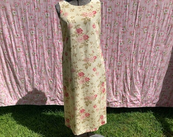 Vintage floral dress pastel yellow 1990s | S-M | cottagecore silk Talbots  sundress rose pink