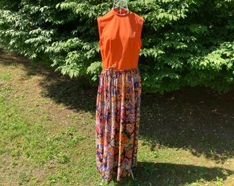 60s 70s vintage maxi dress | S-M | psychedelic orange navy blue purple black green 1970s