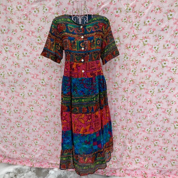 vintage 80s dress floral abstract colorful 1980s … - image 1