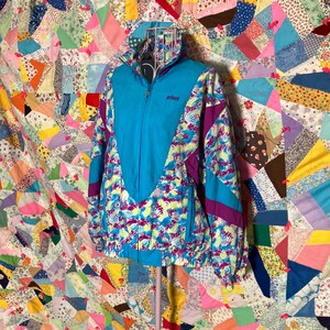 Vintage 80s 90s Wind Breaker Abstract Color Block Teal Purple