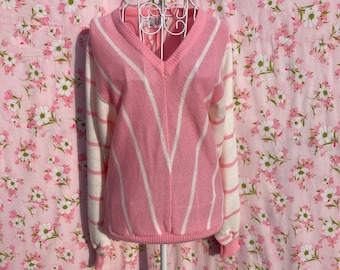 vintage 70s sweater pastel pink 1970s white stripe | S-M |