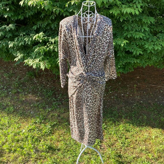 knockout dress with adult themed pattern in beige leopard print Vintage Animal 70s 80s Novelty Brown Tan Black | S-M | Deep V Neckline 41.5 OPEN 4X COLOR:Champagne color: powder blue Devil With The Blue