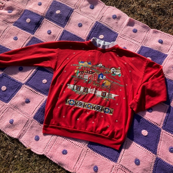Vintage 90s grandma red collared sweatshirt count… - image 1