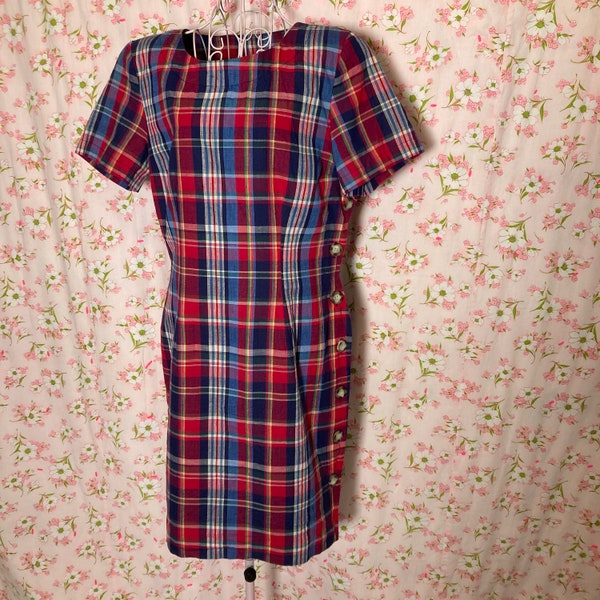 vintage plaid dress 90s 80s | S-M | cottage blue red yellow green farmcore 1990s cotton