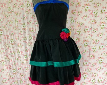 80s vintage dress  cocktail tiered ruffle big flower strapless prom dress |28"| Waist| S-M | party A.J. Bari