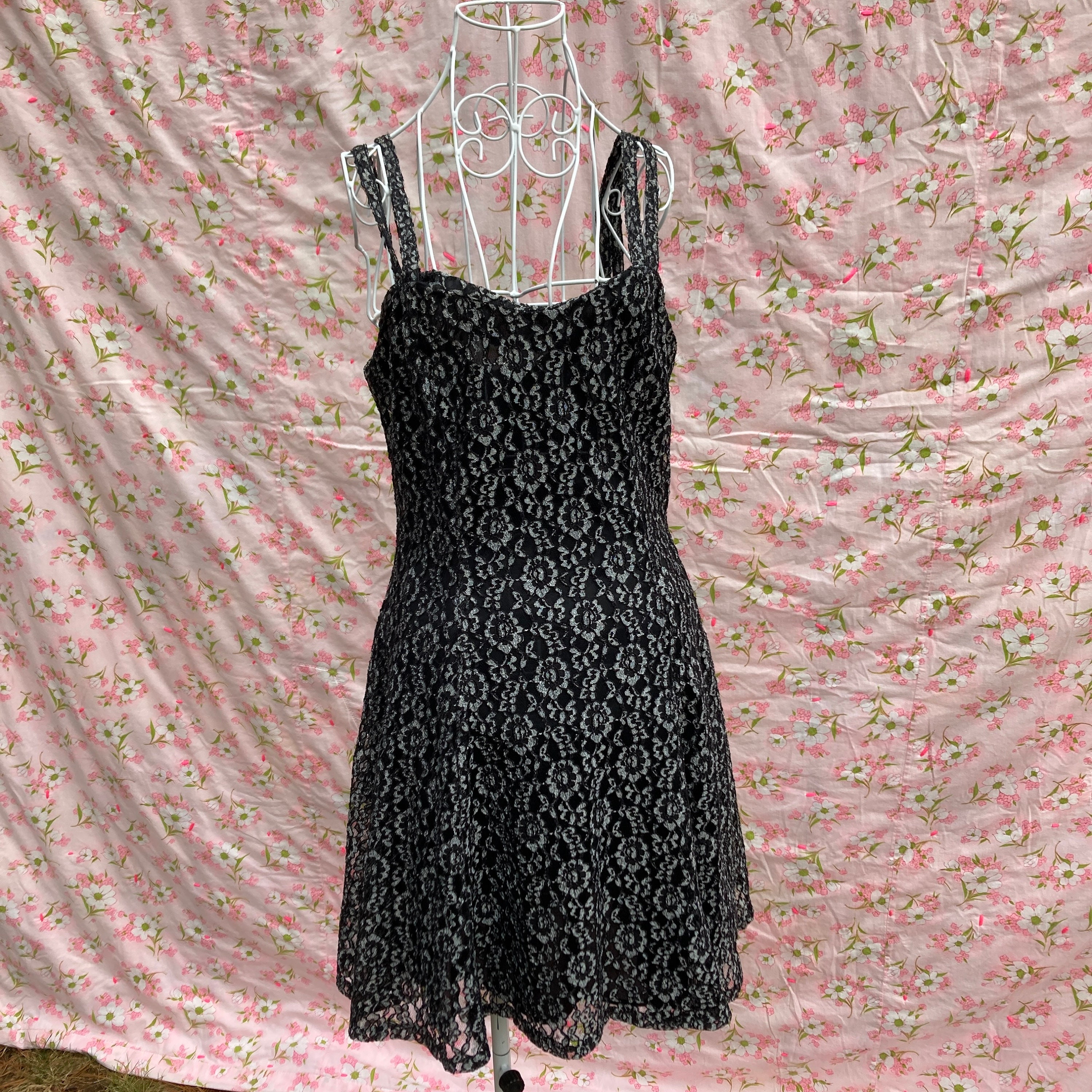 vintage dress Black silver lace 80s 90s | S-M | see through overlay All That Jazz tank mini