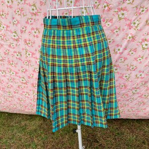 80s 90s vintage skirt pleated plaid blue black yellow S M turquoise Tracy Evans image 5