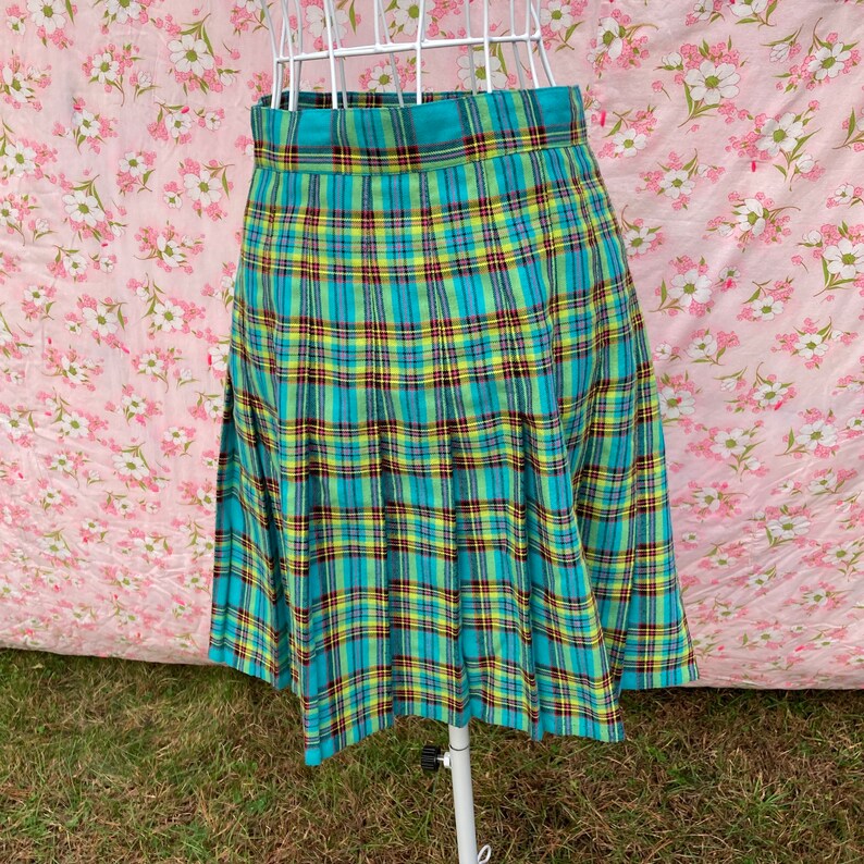 80s 90s vintage skirt pleated plaid blue black yellow S M turquoise Tracy Evans image 5