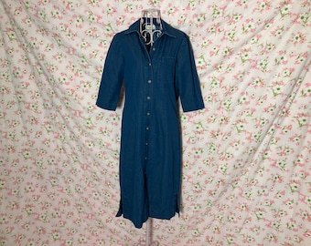 vintage 90s denim dress cottage core Talbots 1990s cotton chambray western farmcore jean |S-M| midi collared