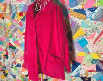 Vintage 90s Y2K corduroy shacket shirt jacket bright pink 90s cottage core grandma |L-XXL|  1990s 00s shirt button up wide wale CW Classics