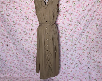 vintage cottage core dress 90s 1990s minimal khaki belted rayon maxi western academic | S - M | beige Oberon New York