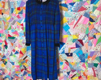 vintage 80s 90s dress  | S-M | midi dark cottage blue black green western plaid floral whimsigoth collared Karin Stevens Petites