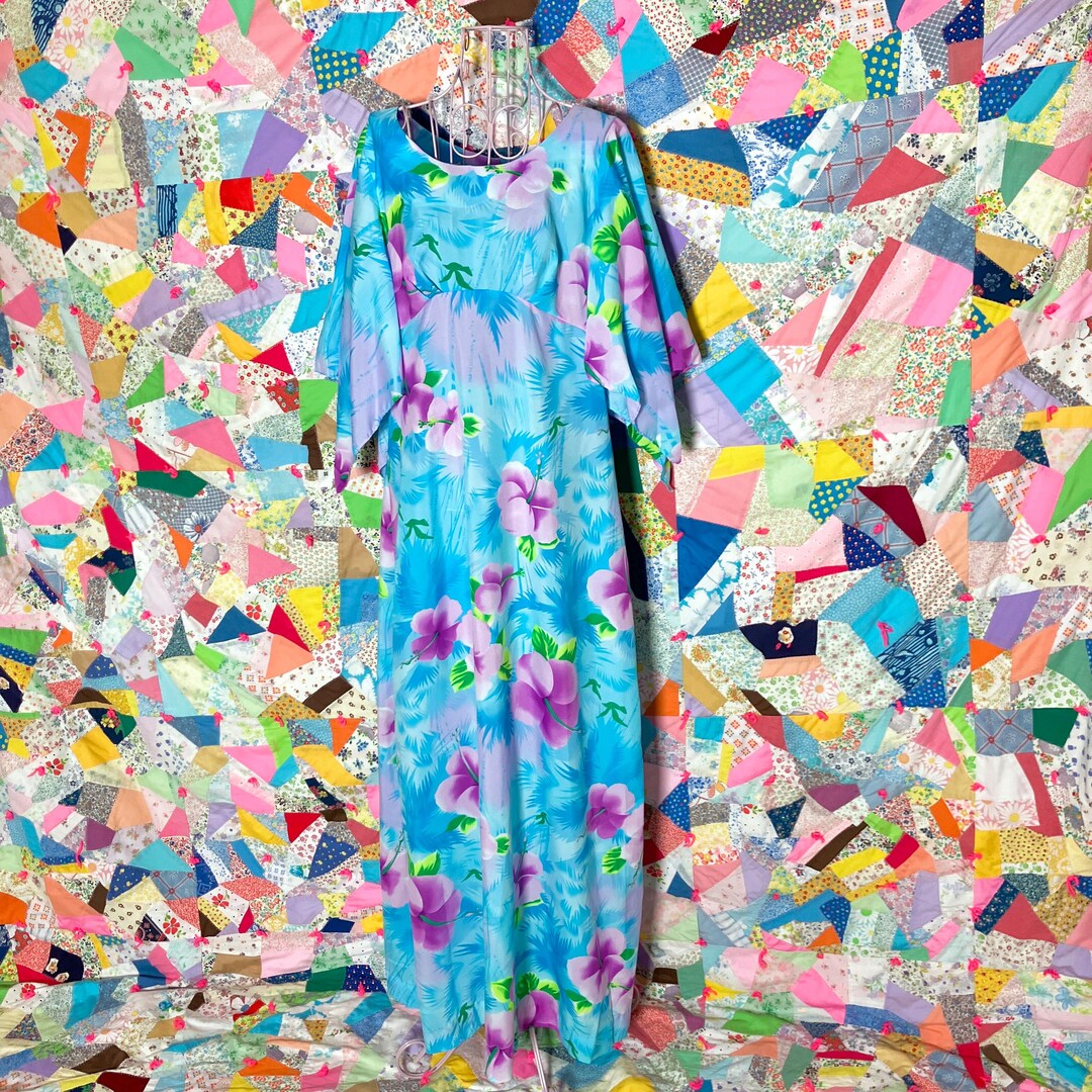 70s Vintage Maxi Dress | S-M | Hawaiian Floral Blue Purple Green Angel ...